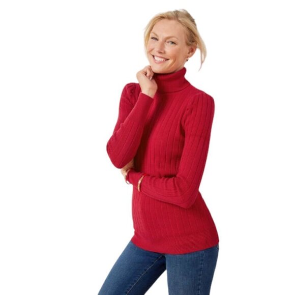 Talbots Puff Sleeve Ribbed Turtleneck Sweater, Red, XL - Picture 1 of 8